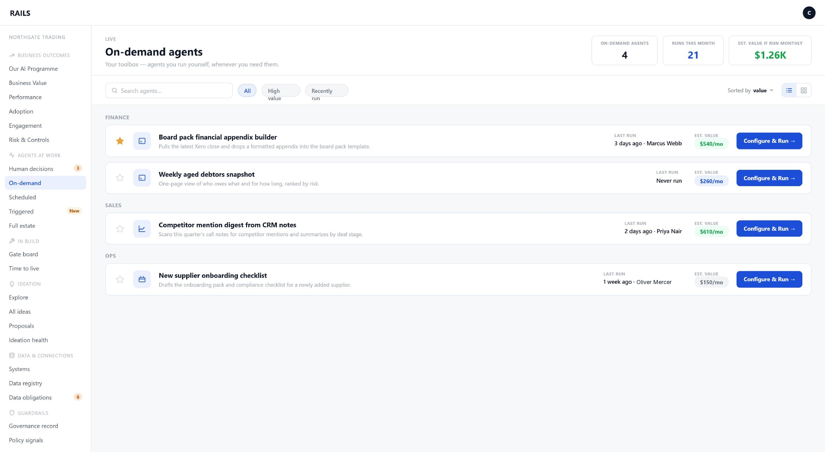 RAILS On-demand agents view showing a toolbox of agents users can run themselves, with last run and estimated value