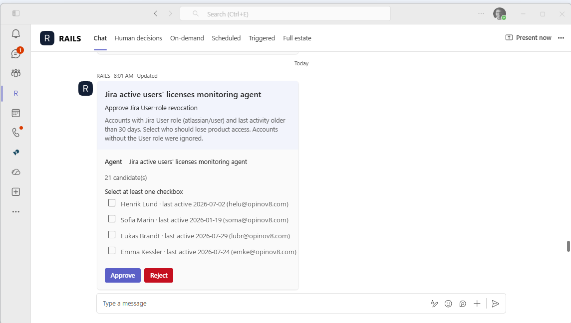 A RAILS approval card inside Microsoft Teams asking a named person to approve Jira licence revocations