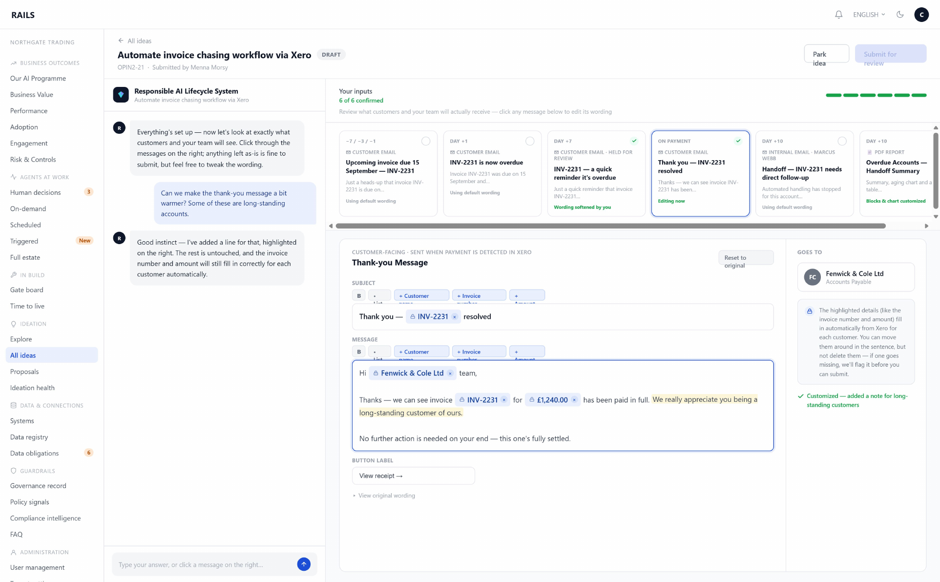 RAILS ideation wizard showing a stakeholder editing a customer thank-you message across a workflow